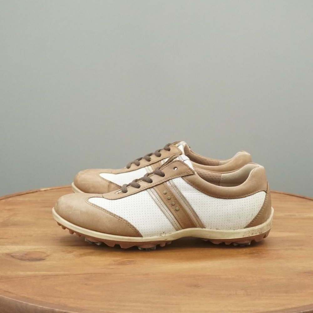 Ecco Womens Golf Shoes White Brown Leather Spiked Waterproof 39 EU / 8 US - Picture 5 of 12